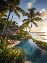 Sunrise at a caribbean coast real estate beach resort with tropical palms, AI generated