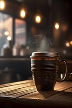 Coffee cup on a wooden table in a warmly lit cafe in blurred background, AI generated