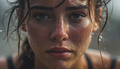 Portrait of sweating woman after workout, AI generated