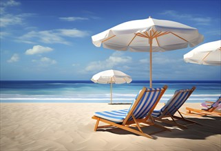 Three dimensional render of deck chair and beach umbrellas on deserted beach in summer, AI