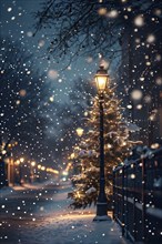 Christmas Eve with snowflakes fall under the light of a streetlamp with a decorated tree in the