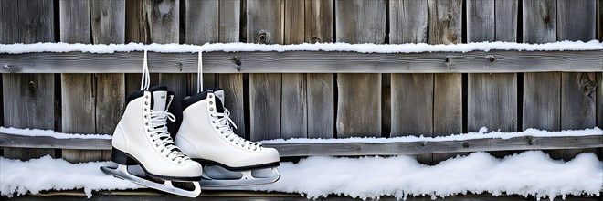 Pair of vintage ice skates hanging by their laces on an old wooden fence with frost and snow gently