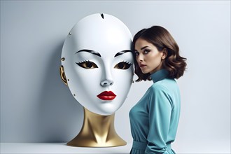 Thoughtful woman besides oversized female mask, AI generated