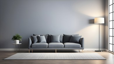 3d rendering of a couch with cushions and a floor lamp, AI generated