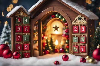 Traditional advent calendar door opening, showing a tiny festive scene inside with miniature