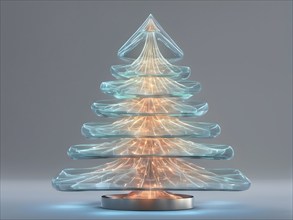 A three dimensional rendering of a futuristic Christmas tree made of glowing, semi-transparent