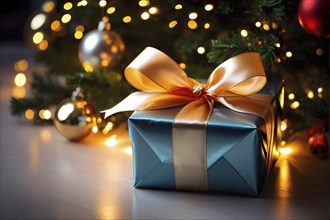 Close-up of a beautifully wrapped Christmas gift with a satin ribbon, set under a glowing Christmas