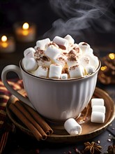 A close-up of a steaming cup of hot cocoa topped with marshmallows, surrounded by cinnamon sticks,