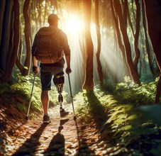 A man with an amputated leg and a prosthesis walks through the forest, symbolic image people with