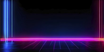 Abstract panoramic neon background with straight vertical glowing lines, AI generated