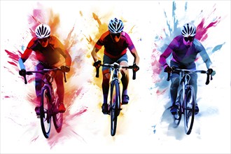 Illustration of dynamic cyclists mid action on a vibrant splash paint background, AI generated