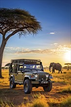 Jeep staged near majestic elephants grazing in the sweeping expanse of the african savanna, AI