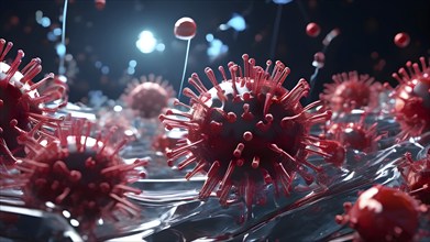 3d illustration showcasing a cluster of intertwining viruses detailed to expose spikes and