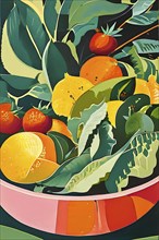 Vibrant illustration of a bowl brimming with a cascade of fresh fruits and vegetables, AI generated