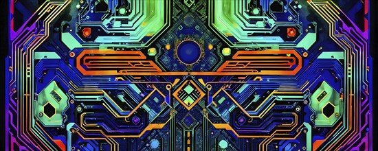 Birds eye view of a circuit board in vivid colored paths and connections, AI generated