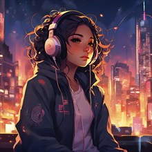 Anime style portrait of a girl with large headphones engulfing her ears, AI generated