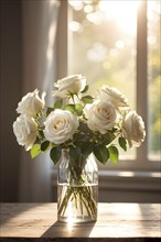 Vase of white roses aligned on an aged oak wood table, AI generated