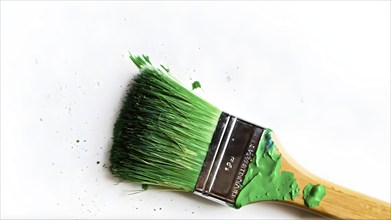 Thick paintbrush dipped in green bristles dripping onto a white background, AI generated