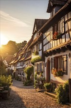 Traditional half timbered house nestled within the heart of a picturesque village in golden hour