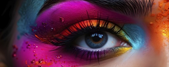 Close up of eye featuring vibrant colored eyelids with intense eye shadow, AI generated