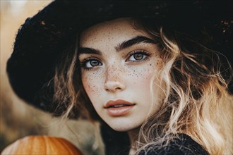 Beautiful young woman with black Halloween witch costume with hat. Generative Ai, AI generated