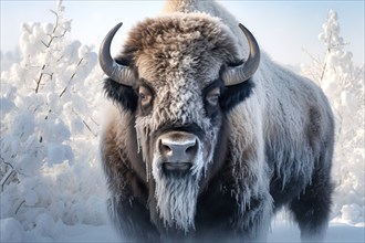 Large male bison covered with ice walking in snow, AI generated