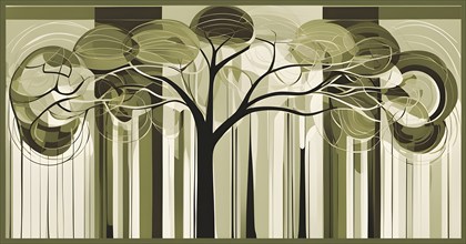 Abstract geometric tree with a circular canopy and a rectangular trunk, arranged in a clean,