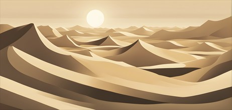 Abstract desert scene with triangular sand dunes and a single circular sun, using sharp lines and