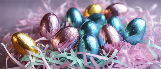 Small chocolate Easter eggs wrapped in shiny foil, placed on a bed of shredded pastel-colored