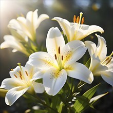 Blooming Easter lilies with soft white petals and a yellow center, bathed in gentle sunlight, AI