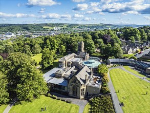 Cliffe Castle and Gardens from a drone, Keighley, West Yorkshire, England, United Kingdom, Europe