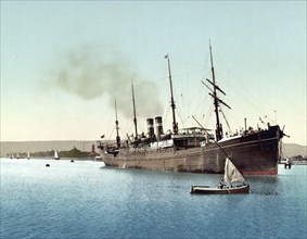 Suez Canal, ship entering from the Red Sea, Egypt, Historical, digitally restored reproduction from