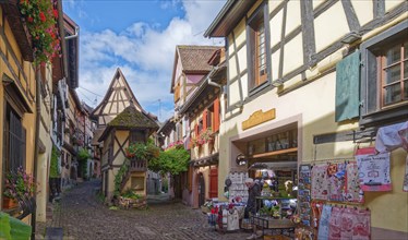 Well-kept half-timbered houses with floral decorations and narrow alleyways in the town centre of