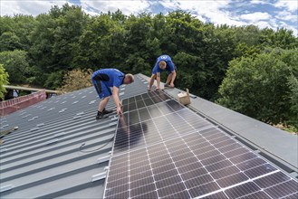 Installation of solar modules on the roof of a barn on a farm, over 240 photovoltaic modules are