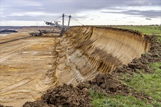 Excavator at the edge of the Garzweiler II open-cast lignite mine, at the village of Lützerath, the