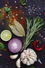 Food background, set of spices and herbs, on a dark background, concept, top view, no people