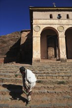 Steps in front of the Abraha Atsbeha rock church, Abreha wa Atsbeha monastery, Ethiopia, Africa