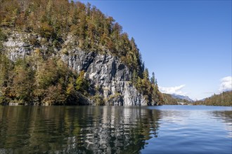 Rock face Echowand at Königssee, autumnal mountain landscape with lake, Berchtesgaden National