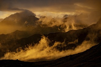 Montafon mountains with dramatic cloudy sky at sunset, Tschagguns, Rätikon, Montafon, Vorarlberg,