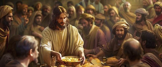 Holy Bible stories and legends, Jesus Christ feed 5000 poor people, AI generated