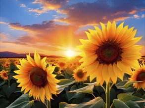 Abstract illustration of a field of sunflowers backlight with beautiful sunrise, AI generated