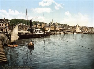 A rowing boat mooring at the Joinville quay in Trouville, France, ca 1890, Historical, digitally