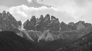 The peaks of the Geisler Group, drone image, black and white image, Sankt Magdalena, Villnößtal,