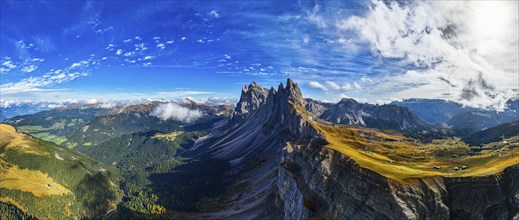 The peaks Sas Rigais and Furchetta of the Geisler group, wide-angle panoramic photo, drone photo,