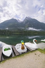 Jetty with boats at Hintersee, pedal boats, Ramsau, Berchtesgaden National Park, Berchtesgadener