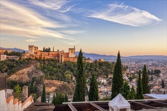 View of the Alhambra and the city at sunset, embedded in nature, Granada