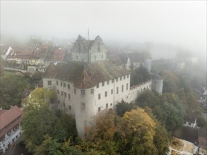 Aerial view of the historic Meersburg in autumn fog, Lake Constance, Lake Constance district,