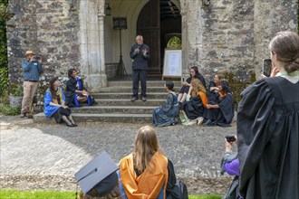 Satish Kumar speaking at graduation event, Schumacher College, Dartington Hall estate, Totnes,