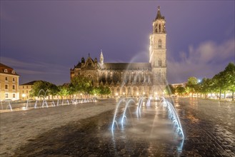 Magdeburg Cathedral, fountain, water jets on the cathedral square, Magdeburg, Saxony-Anhalt,