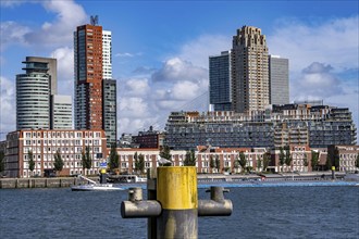 Harbour basin of the Maashaven, inland waterway port, jetties, residential buildings in the Kop van